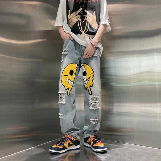 Men Jeans Ripped Jeans Men's Summer Loose Wide Leg Pants