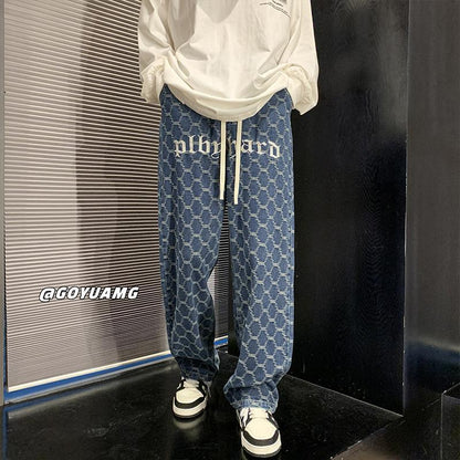 Men Jeans Vintage Embroidered Jeans Men's Autumn Loose Straight Wide-Leg Pants