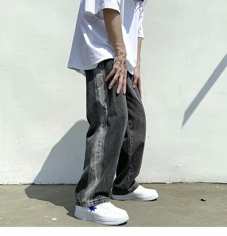 Men Jeans Ripped Jeans Summer Baggy Straight Trousers Wide Leg Trousers