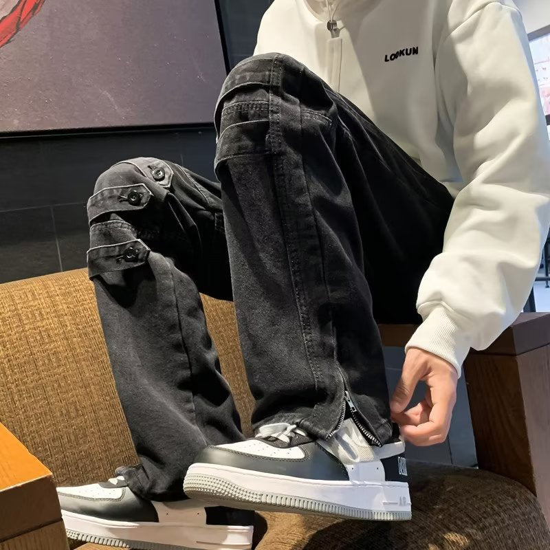 Men Jeans Spring Split Wide Leg Pants Loose Spring and Autumn Straight-Leg Pants