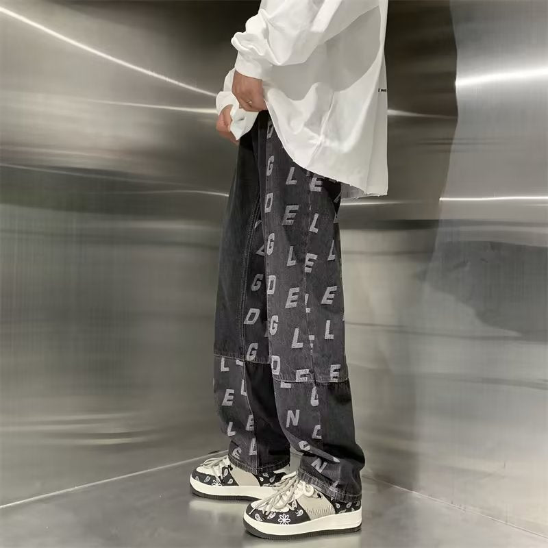 Men Jeans Retro Patchwork Jacquard Jeans Casual Pants