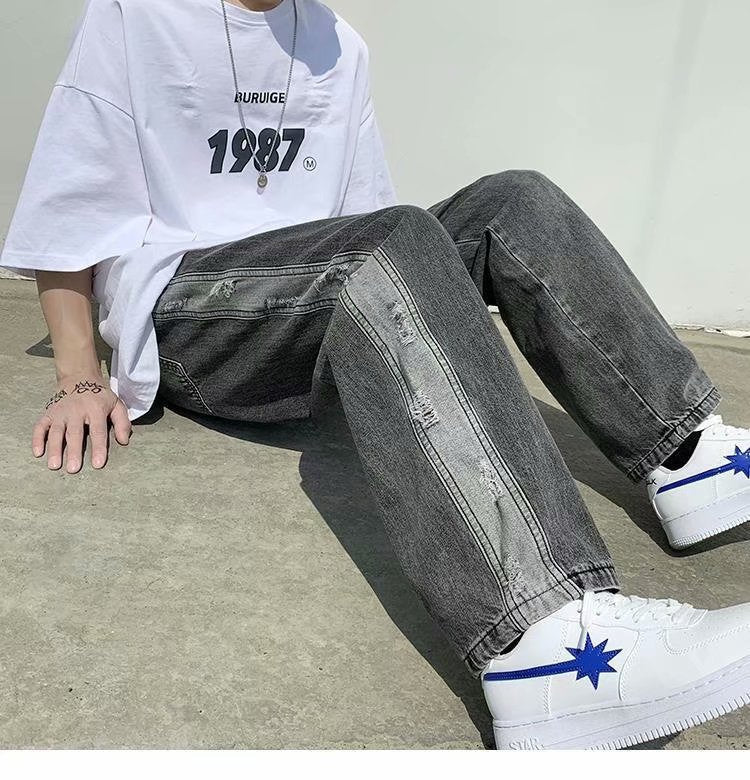 Men Jeans Ripped Jeans Summer Baggy Straight Trousers Wide Leg Trousers