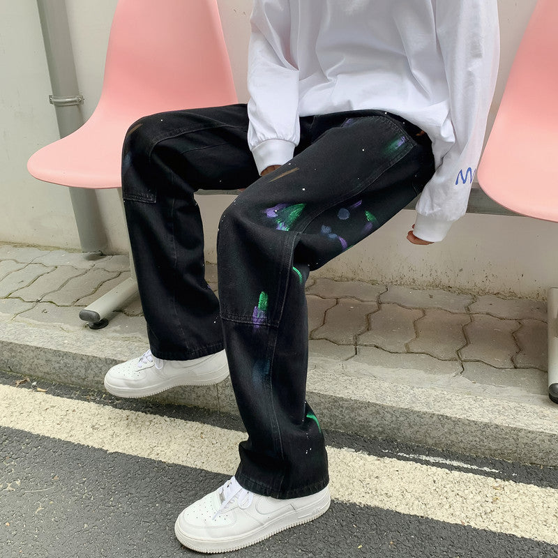 Men Jeans Splash-Ink Jeans Men's Autumn Baggy Straight Trousers Casual Trousers