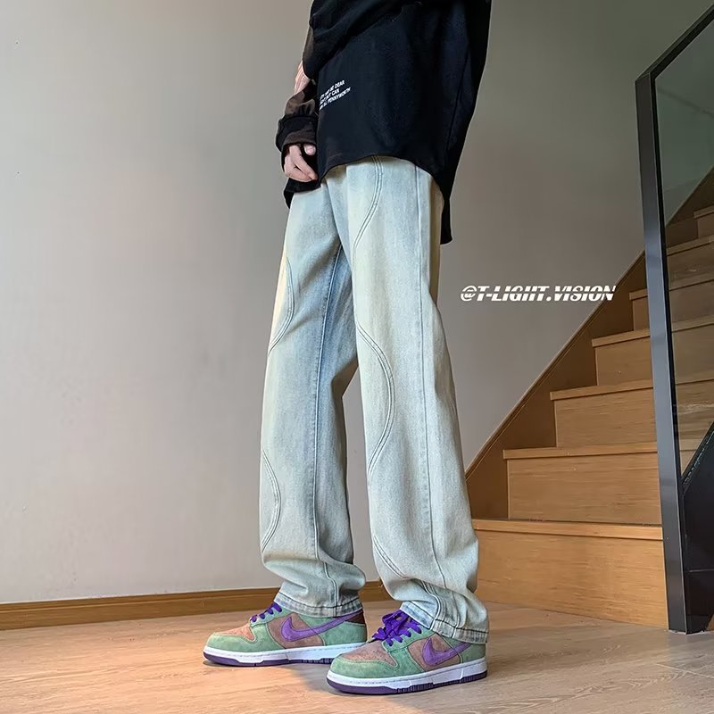 Men Jeans Stitching Washed Jeans Straight-Leg Pants