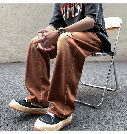 Men Jeans Vintage Brown Jeans Summer Straight Ripped Trousers