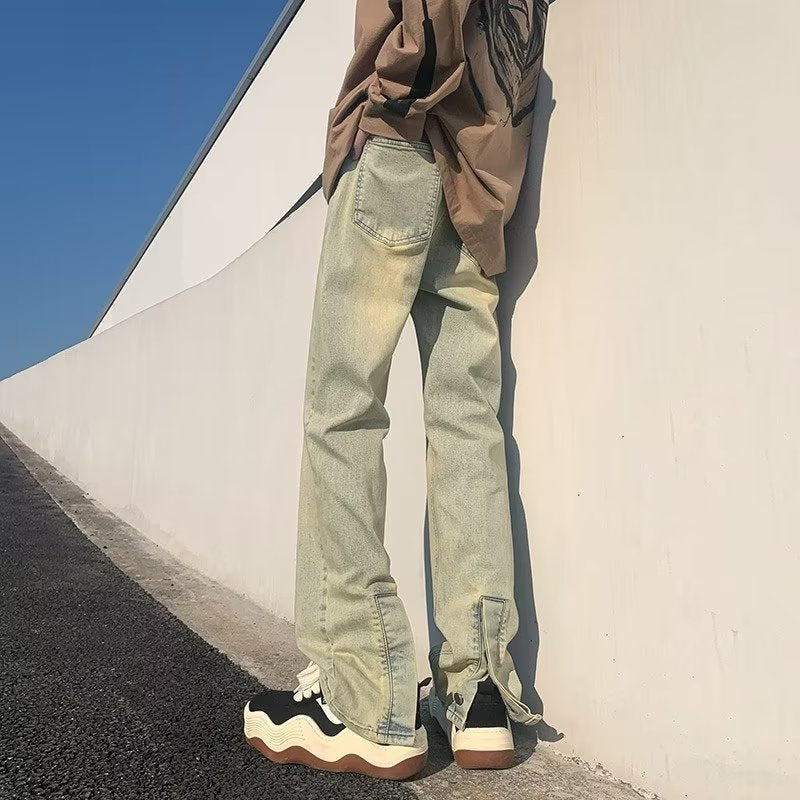 Men Jeans Washed Worn Jeans Men's Straight Loose Flared Pants
