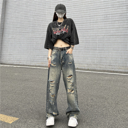 Men Jeans Retro Washed Distressed Ripped Jeans