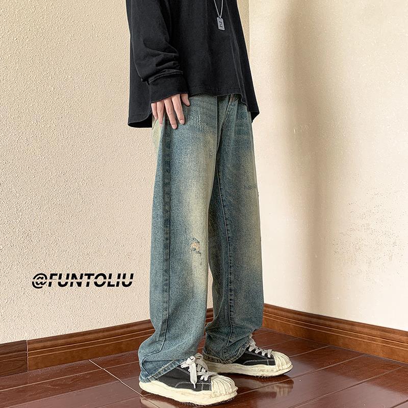 Men Jeans Vintage Jeans Autumn Distressed Washable Pants Loose Straight Wide Leg Pants