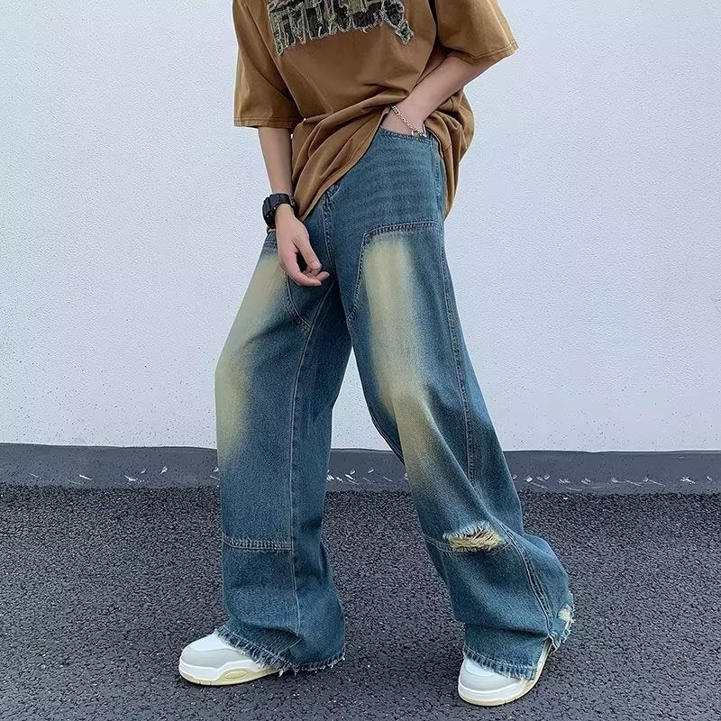 Men Jeans Washed Make Old Ripped Jeans Summer Baggy Straight Trousers