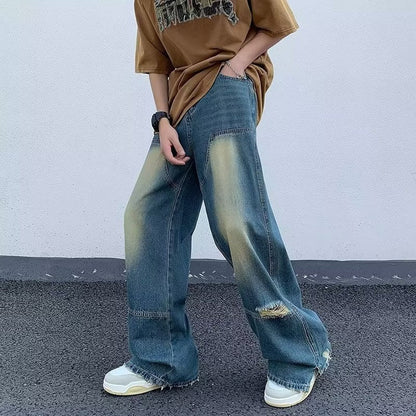 Men Jeans Washed Make Old Ripped Jeans Summer Baggy Straight Trousers