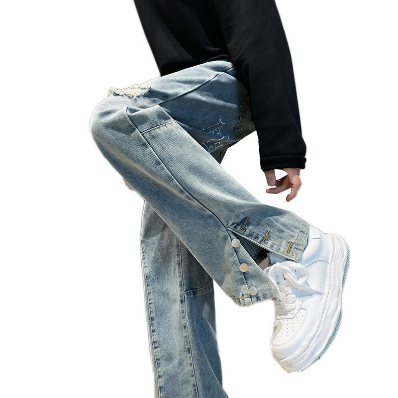Men Jeans Ripped Jeans Men's Summer Letter Embroidery Slit Loose Straight Casual Trousers