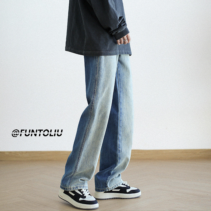 Men Jeans Hiphop Straight-Leg Trousers Retro Loose Wide Leg Pants