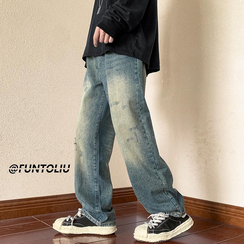 Men Jeans Vintage Jeans Autumn Distressed Washable Pants Loose Straight Wide Leg Pants