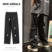 Men Jeans Cross Labeling Jeans Men's Loose Straight Casual Pants