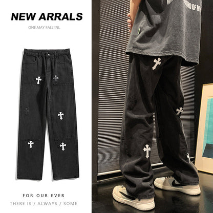 Men Jeans Cross Labeling Jeans Men's Loose Straight Casual Pants