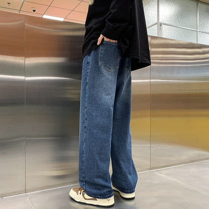 Men Jeans Drawstring Jeans Men Spring Autumn Vintage Straight-Leg Wide-Leg Pants