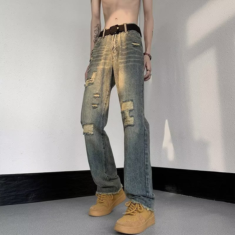 Men Jeans Washed Make Old Ripped Jeans Men's Summer Straight-Leg Trousers
