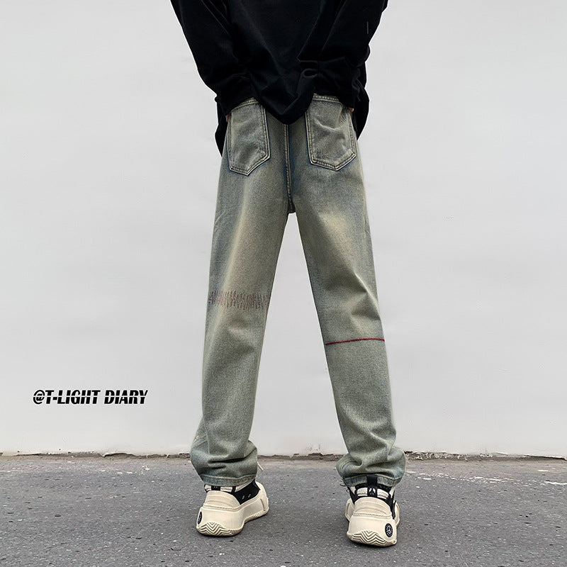 Men Jeans Washed Jeans Men's Winter Retro Straight-Leg Pants