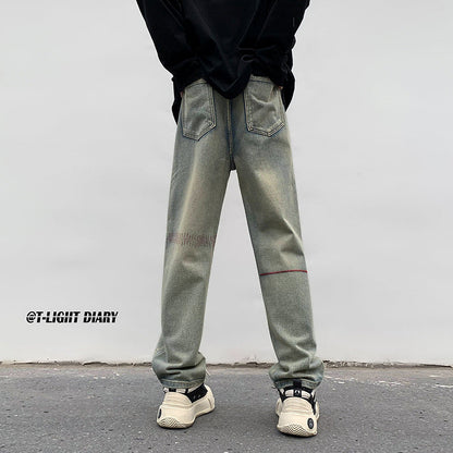 Men Jeans Washed Jeans Men's Winter Retro Straight-Leg Pants