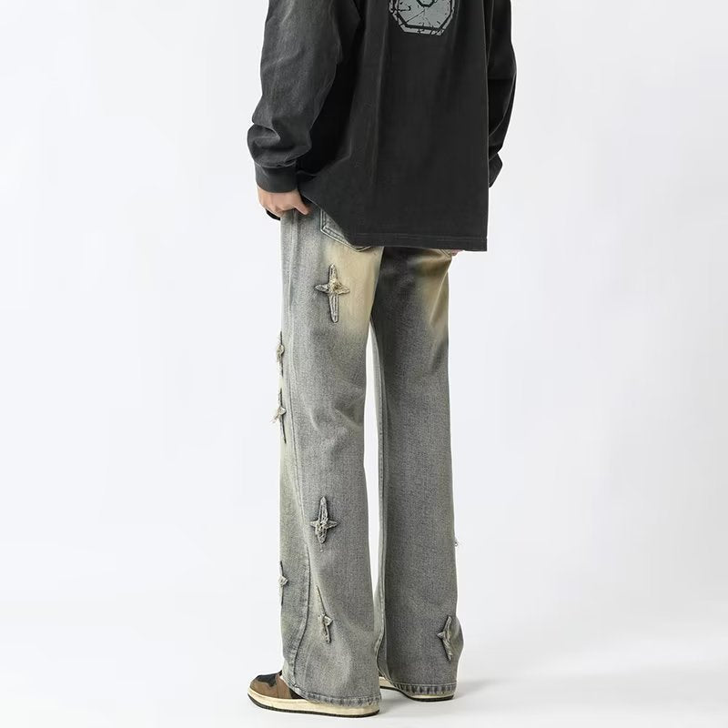 Men Jeans Cross Embroidery Straight-Leg Pants Spring Loose Retro Oversized Casual Trousers