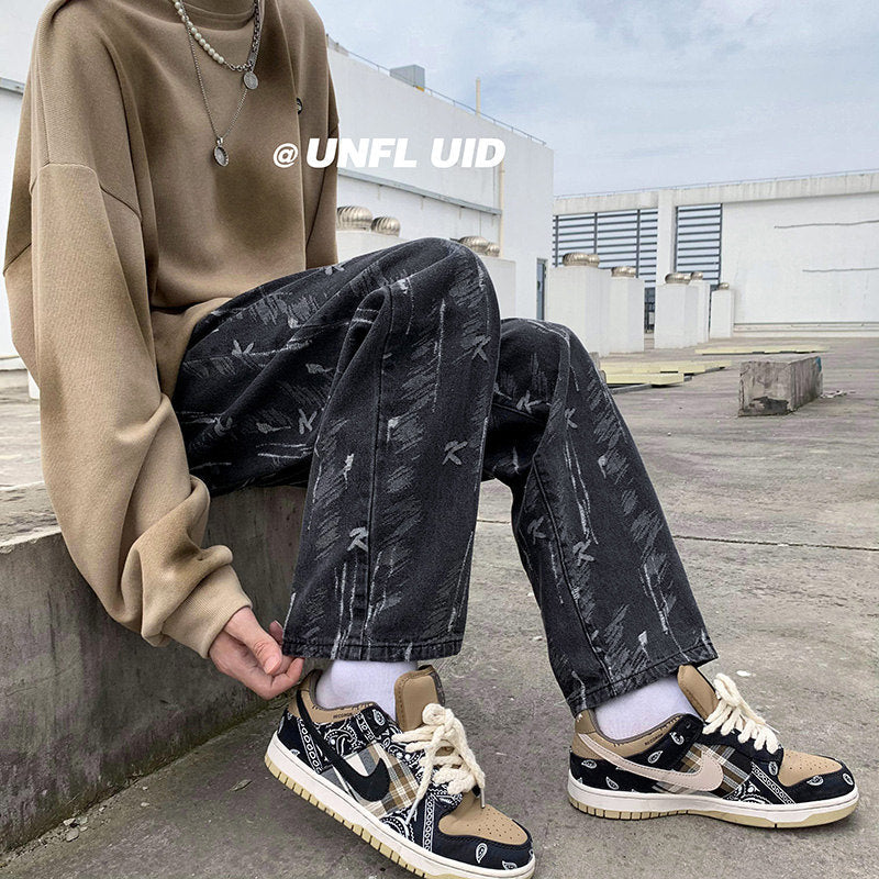Men Jeans Loose Oversize Wide Leg Pants Denim Trousers