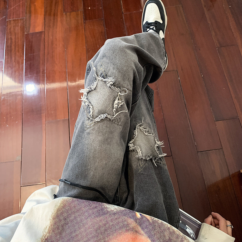 Men Jeans Ripped Washed Jeans Spring and Autumn Loose Straight Wide-Leg Pants