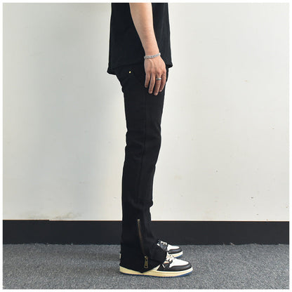 Men Jeans Zipper Slit Slightly Flared Casual Pants Loose Cargo Pants