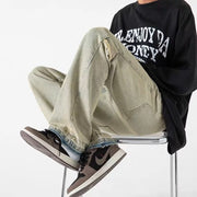 Men Jeans Retro Washed Jeans Men's Loose Straight Bootleg Pants