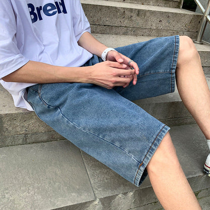 Men Jeans Retro Summer Denim Shorts Loose Straight Shorts