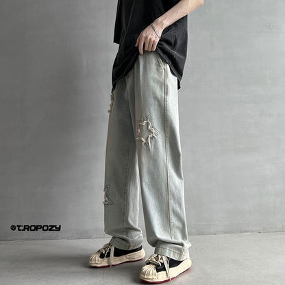 Men Jeans Summer Retro Tattered Jeans Straight Loose Casual Pants