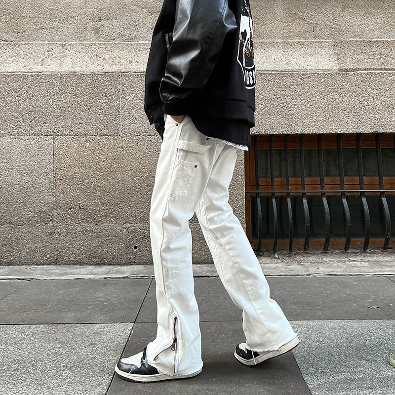 Men Jeans Zipper Slit Casual Pants Loose Straight Bootcut Pants