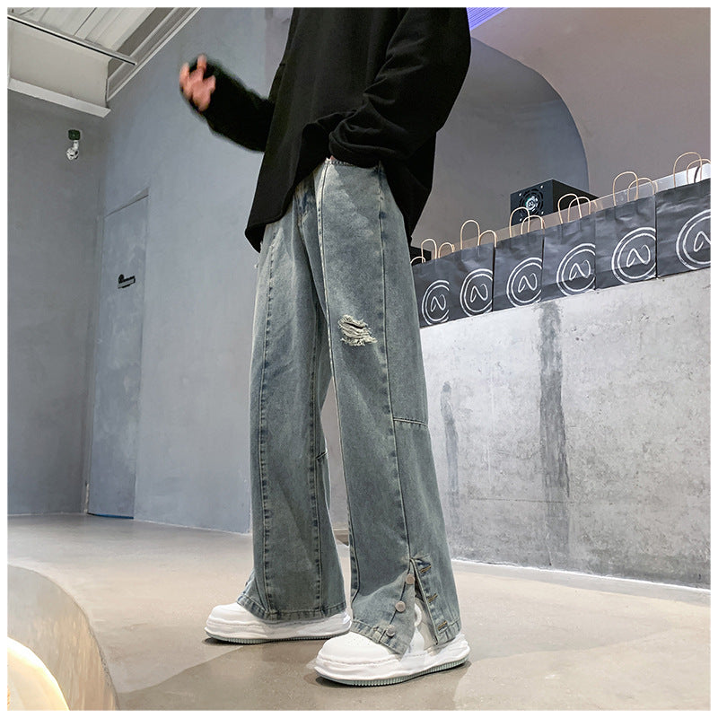 Men Jeans Ripped Jeans Men's Summer Letter Embroidery Slit Loose Straight Casual Trousers