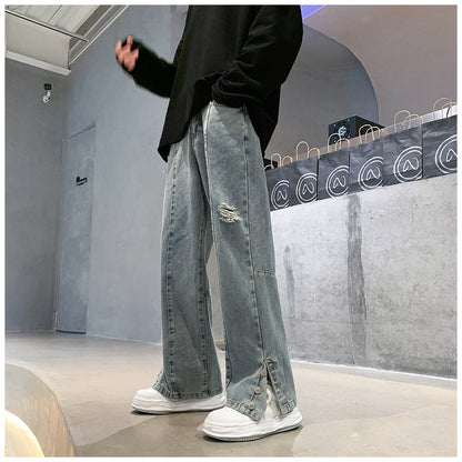 Men Jeans Ripped Jeans Men's Summer Letter Embroidery Slit Loose Straight Casual Trousers