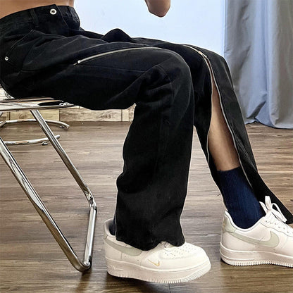 Men Jeans Zipper Jeans Design Slit Hiphop Washed Baggy Straight Trousers