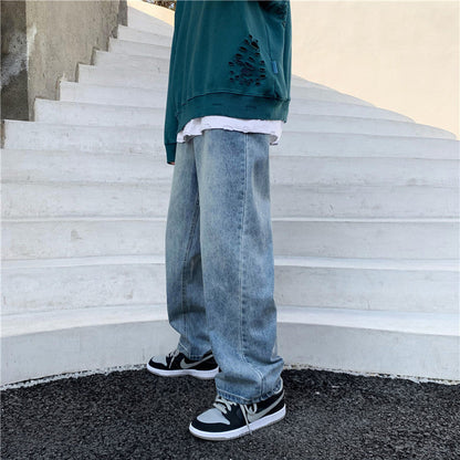 Men Jeans Straight-Leg Pants Loose Casual Wide-Leg Pants