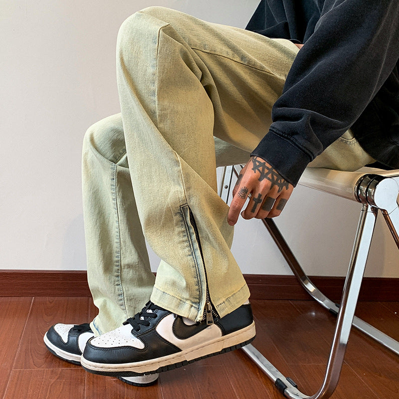 Men Jeans Washed Jeans Autumn Winter Retro Slim Straight Casual Trousers