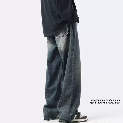 Men Jeans Summer Retro Casual Pants Washed Loose Straight-Leg Wide-Leg Pants