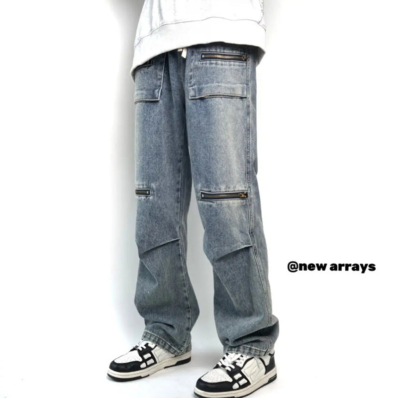 Men Jeans Spring and Autumn Vintage Zipper Loose Straight Wide Leg Straight Casual Trousers