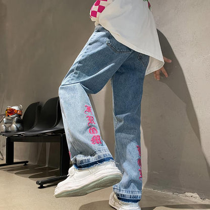 Men Jeans Embroidered Washed Distressed Loose Straight Pants Trousers