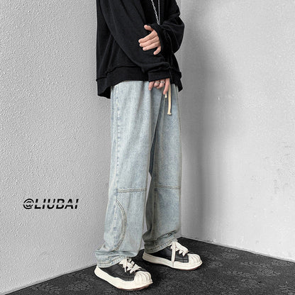 Men Jeans Elastic Waist Jeans Baggy Straight Trousers