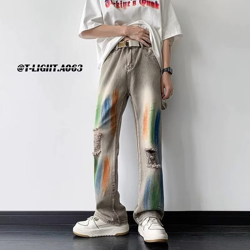 Men Jeans Vintage Inkjet Ribbon Ripped Jeans