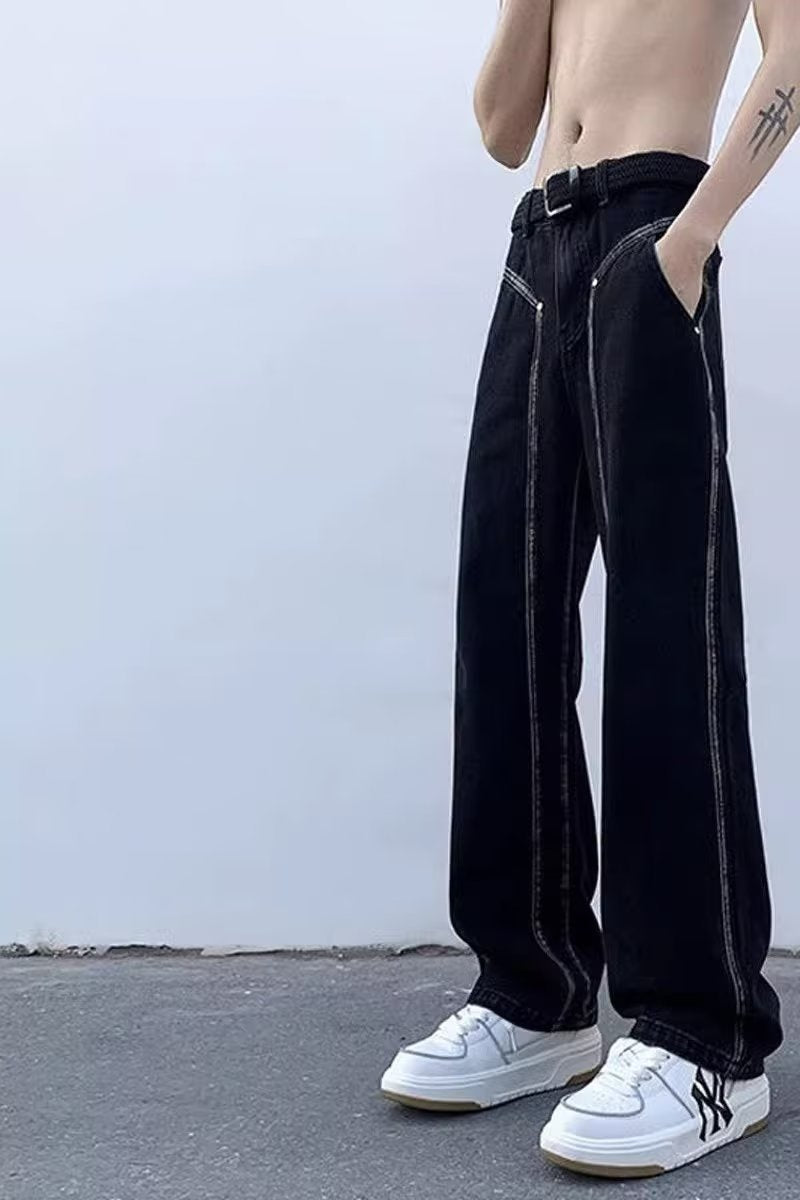 Men Jeans Washed Second-Hand Black Color Stitching Jeans Slim Straight Bootcut Trousers