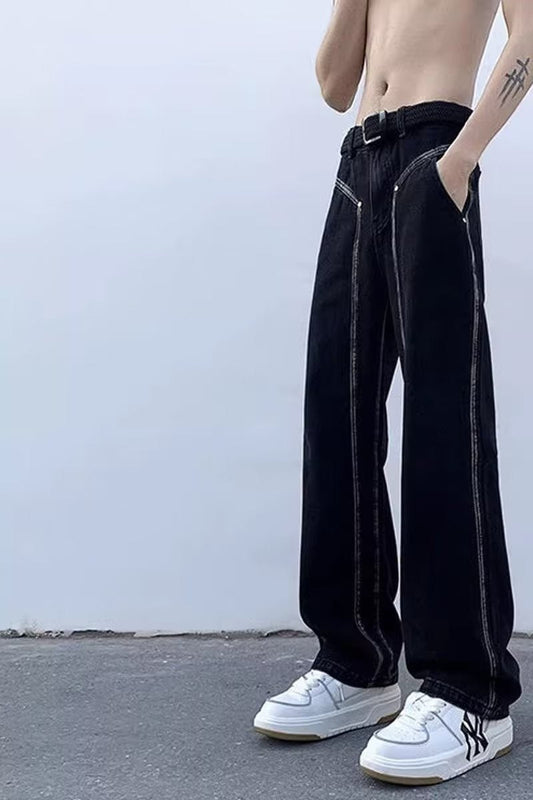 Men Jeans Washed Second-Hand Black Color Stitching Jeans Slim Straight Bootcut Trousers