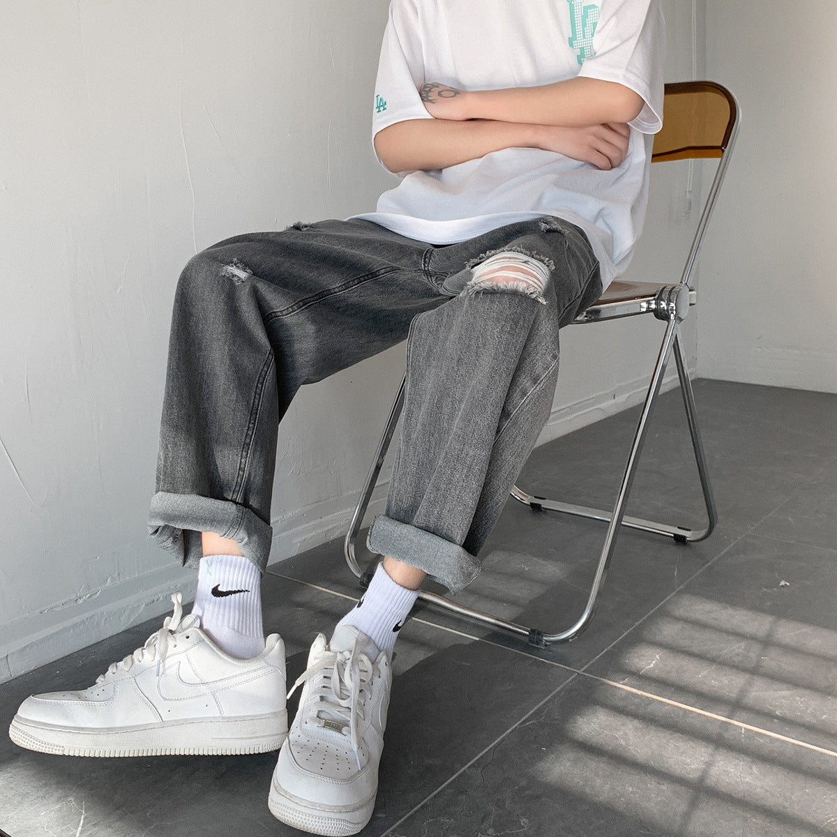 Men Jeans Ripped Jeans Men's Summer Straight Loose Pants