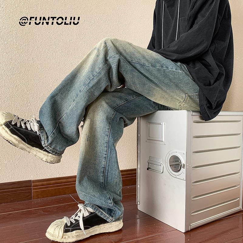 Men Jeans Vintage Jeans Autumn Distressed Washable Pants Loose Straight Wide Leg Pants