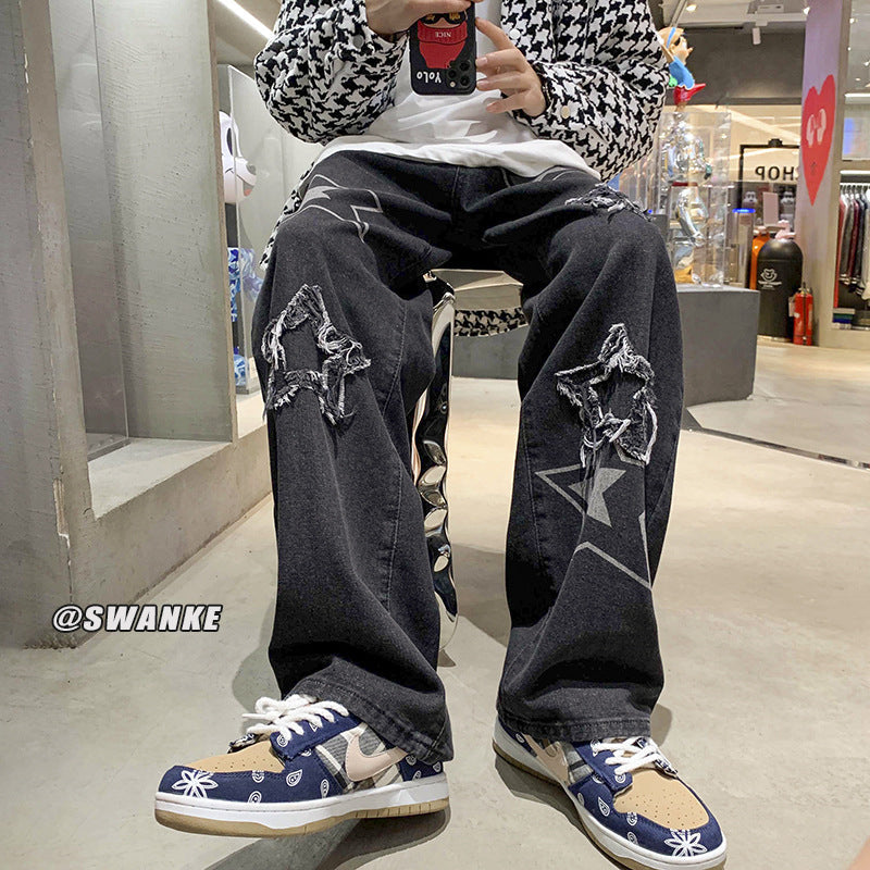 Men Jeans Embroidered Jeans Men's Winter Loose Five-Pointed Star Straight Wide-Leg Pants