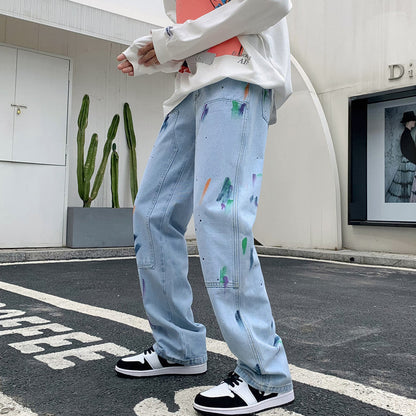 Men Jeans Splash-Ink Jeans Men's Autumn Baggy Straight Trousers Casual Trousers