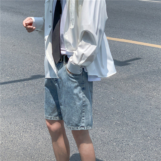 Men Jeans Denim Shorts Loose Retro Straight-Leg Pants Summer