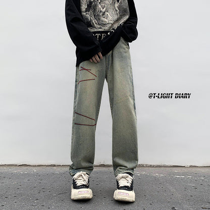 Men Jeans Washed Jeans Men's Winter Retro Straight-Leg Pants