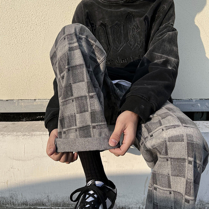 Men Jeans Chessboard Plaid Jeans Baggy Straight Trousers Wide Leg Pants
